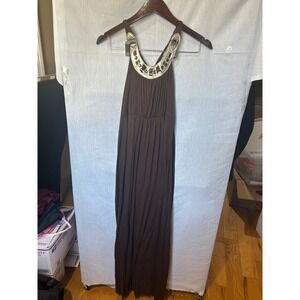 Tua Tua Women's Brown Embellished Neckline Maxi Halter Style Egyptian Vibe